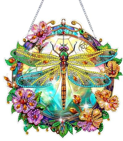 Doafoce Libelle Diamond Painting Fensterbilder Diamant Paintings Anhänger | Diamanten Türkranz mit Kette Diamantmalerei Windspiel für Wand und Eingang Dekoration