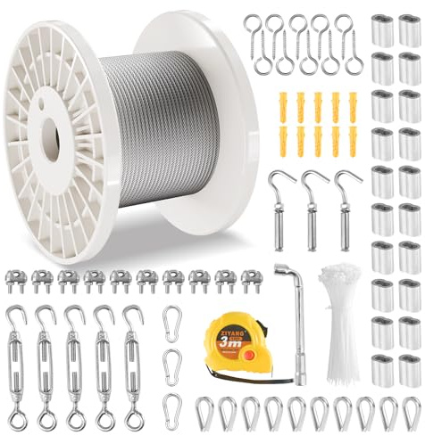 VEVOR Câble Acier Inoxydable, 3,18 mm x 30,5 m, Câble Métallique Inox Tressé 7x7 Qualité Aéronautique avec Accessoires, Résistance Rupture 7,1 kN, pour Garde-corps, Rampe Escalier, Clôture, Extérieur