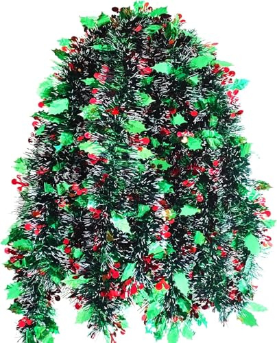 Guirnalda de oropel de Navidad metálica verde con bayas de acebo, decoración de árbol de Navidad, hojas de acebo verdes y bayas, oropel para árbol de Navidad (8 metros)
