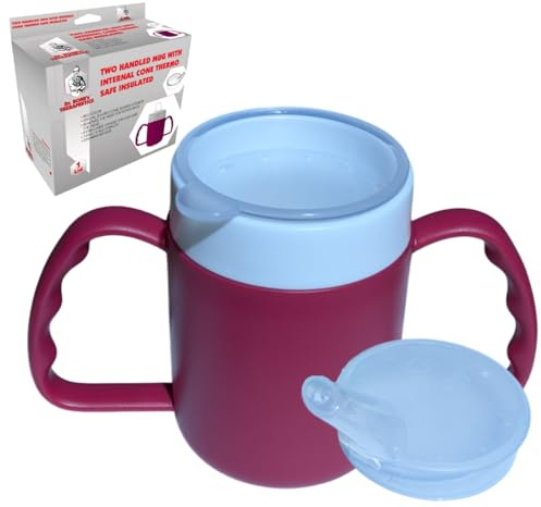 DR. BONE'S THERAPEUTICS ® Two Handled Mug with Internal Cone Blue with Spouted Lid with Small Opening, Drinking aid 140 ml (BlackBerry 2 Lids)