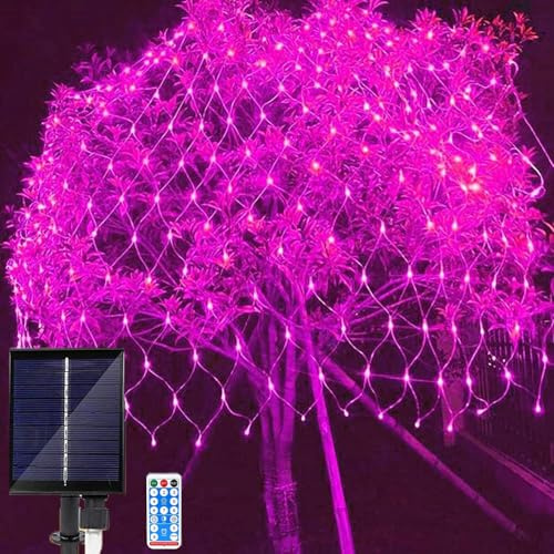 SUAVER 192LED Solar Lichternetz Außen, Wasserdichte Solar Lichterkette Netz Fernbedienung Timer Vorhang Weihnachtsbeleuchtung 8 Modi Mesh Lichtervorhang für Hochzeit Fenster Deko (Pink, 3x2m)