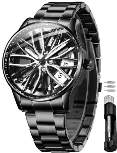 OLEVS Herrenuhren Skelettuhr Quarz Rennwagenrad Edelstahl Casual Sports Wasserdicht Leuchtend Herrenarmbanduhren