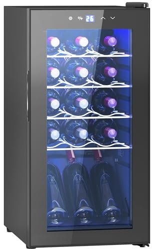 HOMCOM Bodega Refrigerada 15 Botellas 44L Bodega de Temperatura Única 5-18℃ Barra de Vino con Cristal Anti-UV, Compresor, Estantes Ajustables, Pantalla Táctil, Luces LED, Clase G, Negro