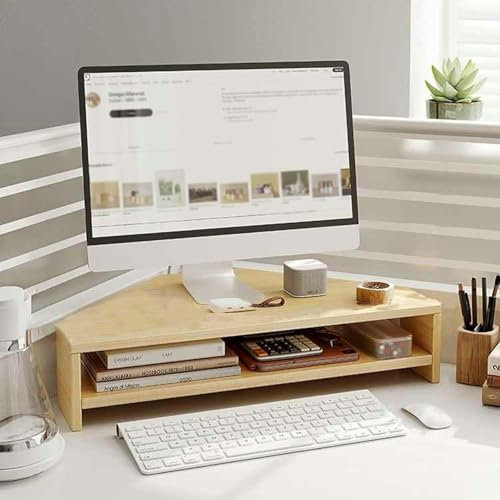 HCZKIUJY Monitorständer, Eck-Aufbewahrungsständer für Computerbildschirme aus Holz, ergonomische 2-stufige Laptop-Monitorablage, platzsparender dreieckiger Schreibtischaufsatz für,Natural