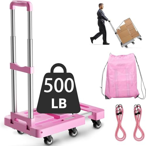 Diable pliable, chariot robuste à 6 roues, capacité de 226,8 kg, poignée et base réglables, chariot portable pour déménagement, bureau et voyage, comprend 2 cordes et un sac de rangement (rose)