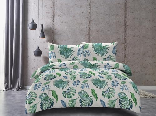 Cotton Market Sängkläder 220 x 200 cm – sängkläder set 3 delar – påslakan 220 cm och 2 örngott 70 x 80 cm – ormbunke (vit)