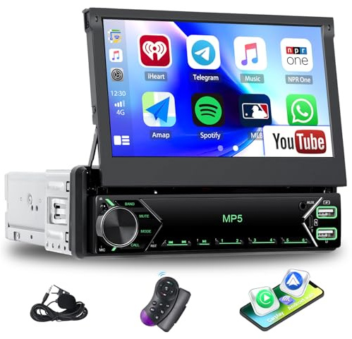 Single Din Car Stereo with Wireless CarPlay Android Auto YouTube, 7 inch 1 Din HD IPS Flip Out Touch Screen Bluetooth Car Radio, Mirror Link, FM, EQ Audio, Steering Wheel Control, Type-C/USB/AUX Input