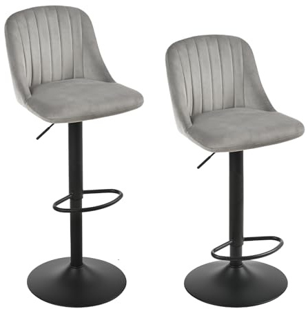 Goeurvant 360°Drehbar Barhocker 2er Set Höhenverstellbar mit Lehne & Fußstütze,Barstühle Samt mit Metallgestell für Bar,Küche,Theke,Esszimmer,Wohnzimmer & Essbereich,Hellgrau