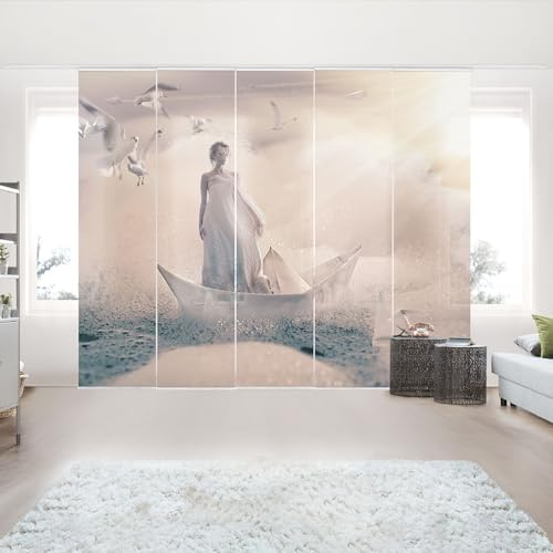micasia Schiebegardine halbtransparent 60er Paneel Klett Portrait Textil lichtdurchlässig - Boot Modern Flächenvorhang Wohnzimmer Schlafzimmer 1236 (300x250 cm - 5er Set)