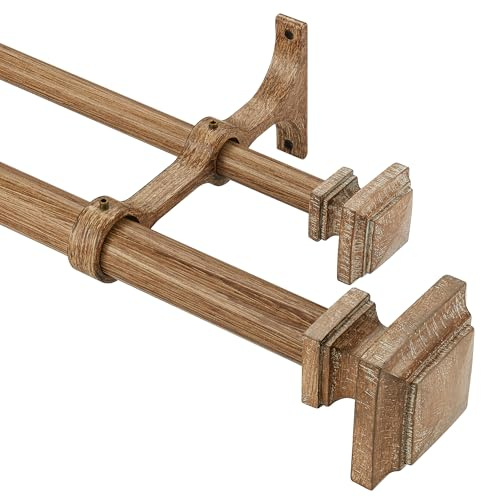 Lwiiom Double Wood Curtain Rods for Windows 36 to 72 Inches,1 Inch Decorative Wooden Curtain Rod with Square Imitation Wood Grain Finials and Double Aluminum Bouquet Bracket, Coffee Brown Wood Grain