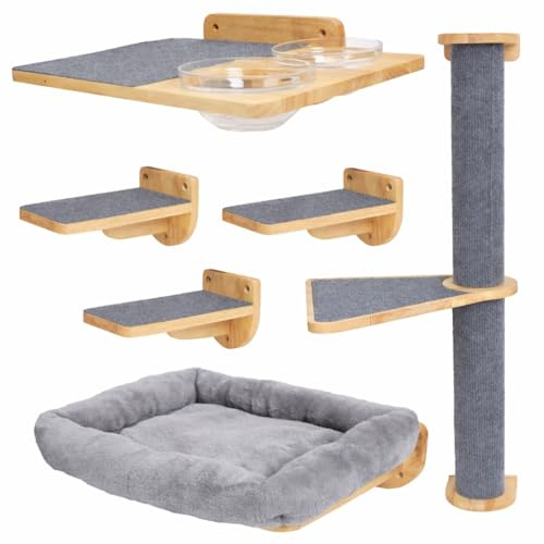 Wondering Whiskers Cat Wall Shelves – Cat Wall Climber with Cat Scratch Post, Removable Bed, Climbing Steps, and Feeding Terrace with Glass Bowls, Waterproof Rubberwood Pet Furniture