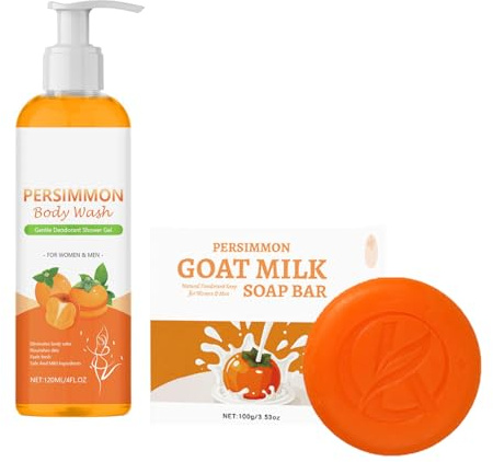Persimmon Goat Milk Soap, Natural Deodorant Shower Gel & Cleansing Bar for Body Odor Control, Bath Set Pamper Gifts For Women, Deeply Cleansing and Moisturizing (100g+120ml, 2PC)