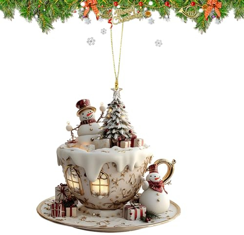 Caffè Tazza Pendente Natalizio, Decorazioni Casa di Natale, Pendente Bidimensionale Casa della Neve a Forma di Tazza Caffè per Uomo Donna Giovane Scrivania Libreria Auto Interno Borsa