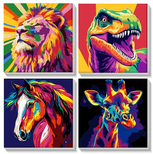 AIRDEA 4 pièces Animal Pop Néon Peinture Numero adulte et enfants avec cadre, 4 pièces acrylique facile sur toile pour débutants, Peinture par Numero Adulte 20x20 cm