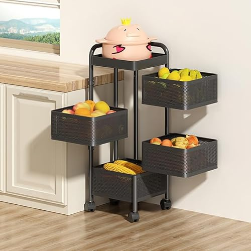 Warmiehomy 4 Tier Square Rotating Storage Rack, Kitchen Trolley Storage, Movable and Detachable Vegetable Storage Rack with 360° Wheels, Perfect for Pantry, Bathroom, or Living Room, Black, 26×26×73cm