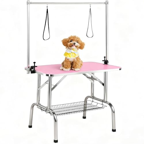 GlowSol Dog Grooming Table, 36 Large Adjustable Height with Grooming Arm & Safety Noose, 330 Lb Capacity Foldable Cat/Dog Pet Grooming Station with Mesh Tray for Home or Salon, Heavy-Duty, Pink