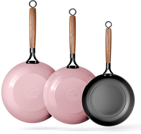 YUTANN Sartenes Hierro Fundido 20cm & 24cm & 28cm, Precurada, con Mango de Madera Desmontable, Apta para Inducción y Horno, Distribución Uniforme del Calor, Antiadherencia Natural
