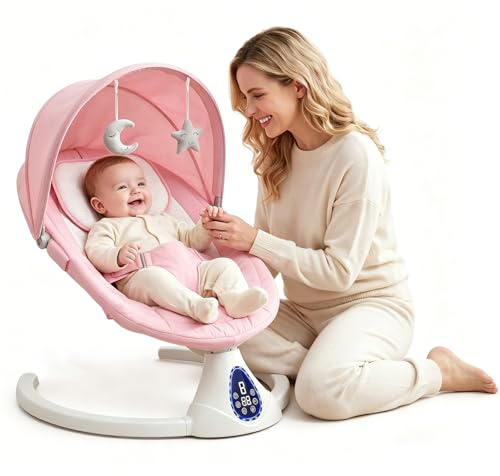 Elektrische Babywippe Schaukeln für Neugeborene, Baby Bouncer Newborn 0-6 Monate mit Weichem Stoff | Klappbarer Baby Rocker mit 5 Gängen, 3 Timer, Weichem Sitz, Bluetooth | Einfache Installation(Rosa)