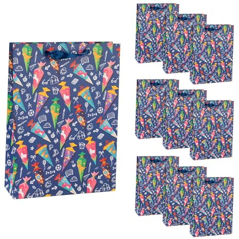 Idena 90543 - Geschenktüten Schulanfang, 10 Stück, Geschenktaschen in der Größe 25 x 34,5 x 8,5 cm, bunte Papiertüten mit Schultüten-Motiv