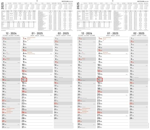 Zettler - 3-Monatskalender Streifenplaner 2025, 33x58,8cm, Bürokalender mit Jahresübersicht, Datumsschieber, faltbar, 3 Monate auf einen Blick, Feiertage/Ferientermine DE/AT/CH und Kalendarium DE