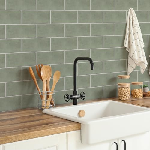 Neukids Sage Green Tile Stickers,Sage Green Stick on Tiles,24pcsX15cmX30cm | Vinyl Wall Tiles,Faux Leather Surface,Thicker,Waterproof,Peel & Stick,Kitchen,Bahroom,Laundry,RV,Fireplace Cooker Backsplash