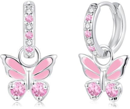 Lynizo Ohrringe Silber Hängend, 925 Sterling Silber Schmetterling Ohrringe | 12mm Klein Creolen für Mädchen Damen, Hypoallergen Kinderohrringe mit Rosa Blau Lila Fuchsia Zirkonia, 12mm Schlaf Ohrhänger