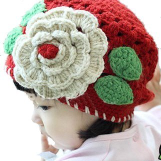 LadyMYP©Handgemachte Strickmütze, Babymütze, Kindermütze, Hüte, 100% Wolle, rote Mütze mit weißer Blume