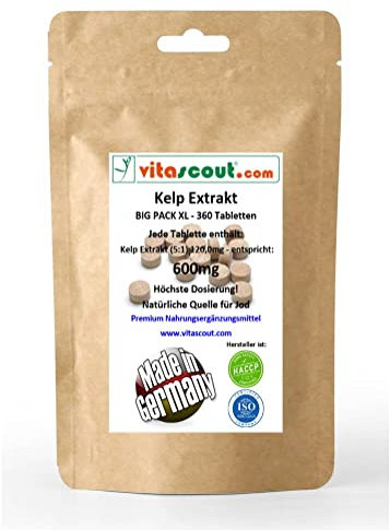 Kelp 600mg – 360 Tabletten (aus 120mg Extrakt 5:1) – Liefert bis zu 900µg Jod pro Tablette – Höchstdosiert – Ohne Magnesiumstearat