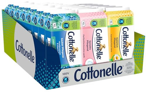 Cottonelle - feuchtes Toilettenpapier Mix-Display 27 Stück (12 x natürlich pflegend, 7 x sensitiv pflegend, 8 x sauber pflegend)