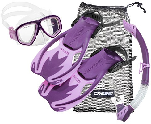 Cressi Kinder-Tauchset Schnorchelset Rocks Deluxe (Tauchmaske, Schnorchel, Flossen & Netzbeutel) - Purple/Pink - S/M - 32-34