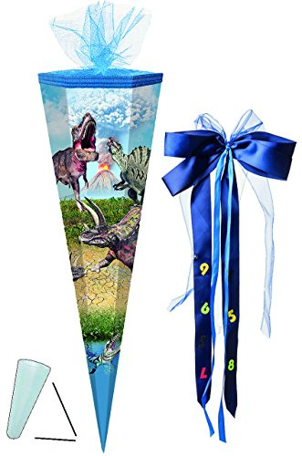 alles-meine.de GmbH Schultüte - Dinosaurier/Dinotopia - 70 cm - rund - incl. große Schleife - Tüllabschluß - Zuckertüte - mit/ohne Kunststoff Spitze - für Jungen/Dino /..