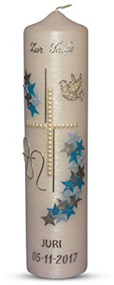 Sterne 2 Kerze 24x6 cm zur Taufe Konfirmation Kommunion Firmung = Taufkerze Konfirmationskerze Modern und klassisch Stumpe mit Namen und Datum für Mädchen Junge Weiss Perlmutt/Perlmutt Struktur