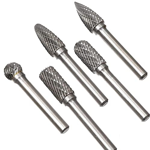 KATSU Wolframcarbid Fräser, 5 Stück 10mm Hartmetall Rotary Frässet Frässtifte für Rotationswerkzeug Schneidschleifer Metallschnitzen Polieren Gravieren, Bohren mit 6mm Schaft Fräser-Bit-Set