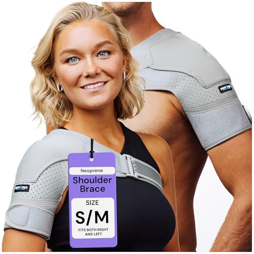 ZENKEYZ Shoulder Brace for Men & Women - Size S/M (Chest 28-38) - Gray Neoprene Compression Sleeve - Adjustable Strap for Rotator Cuff & Joint Stability - Integrated Ice/Heat Pocket - Ambidextrous Support