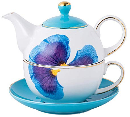 YBKTEX Ceramic Tea for One, Teapot and Cup& Saucer-Butterflies (Blue)