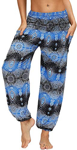 Nuofengkudu hippie haremsbyxor med fickor för kvinnor, yogabyxor, X-blått vatten, En Storlek