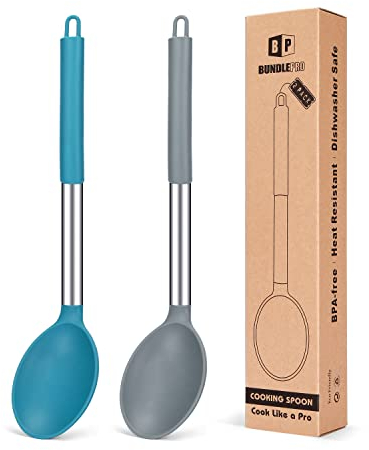Große Silikon-Kochlöffel, antihaftbeschichtet, robust, hitzebeständig, Küchenutensilien zum Mixen und Servieren (grau-blau), 2 Stück