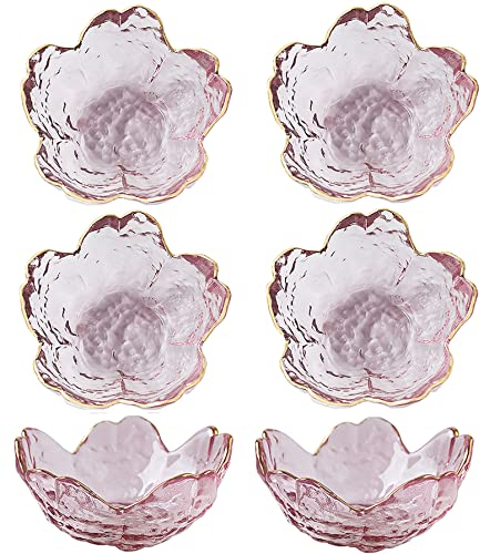 SZHTSWU 6Pcs Pink Cherry Blossom Glass Soy Sauce Dish Petals Shape Mini Cute Crystal Dessert Bowl,Appetizer Plates,Tea Bag Holder,Small Dip Bowls for Snack Sauce,Jam,Sushi,Side Dish (Gold Side)