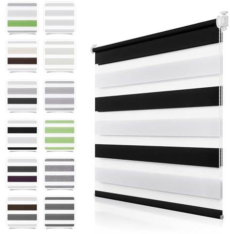 Doppelrollo Klemmfix ohne Bohren Schwarz-Weiß 45x110cm Rollos für Fenster ohne Bohren mit Kindersicherung Fenster Rollos für innen Lichtdurchlässig & Verdunkelnd, Stoffbreite 40cm