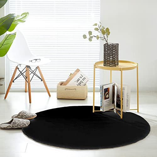 Kunst-Fell-Teppich Kurzflor | Flauschiger Wohnzimmer-Teppich, als Schlafzimmer Deko oder Kinderzimmer | rutschfest und waschbar in Waschmaschine | Schwarz - Rund 120cm