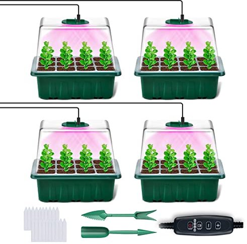 YAUNGEL Seed 4 Pezzi Vassoio Germinazione, Mini Serra Germinazione,con Luce Solare A Spettro Completo Mini Kit di Coltivazione per Serra, Vassoi per Semi con luci a LED, Verde