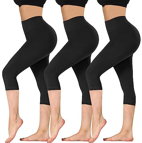 DDOBB Leggings Damen 3/4 High Waist Capri Sporthose Blickdicht Elastisch Kurze für Yogahose Fitness Zuhause Laufhose(I-Schwarz*3, (DE42-48)=L-XL)