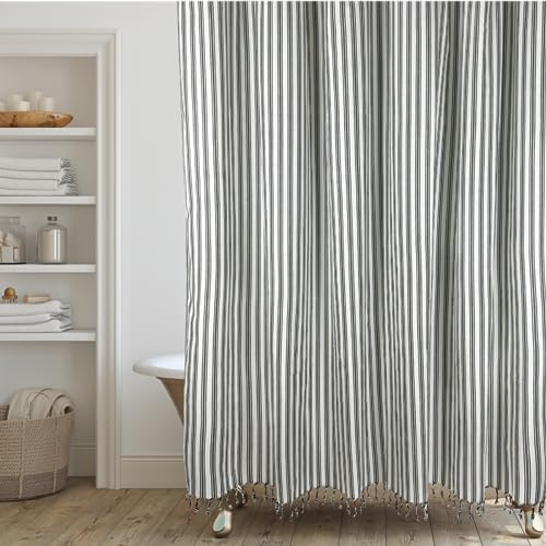 HALL & PERRY Modern Transitional Stripe Shower Curtain with Tassels - Vertical Off White/Cream with Black Striped Lines, 72 x 72