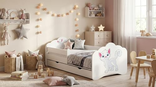 Happy Babies MOBI - Kinderbett 160 x 80 | Kinderbett mit Rausfallschutz & Bettkasten | Jugendbett mit farbigem Aufkleber | Bett mit Matratze 80x160 | Kinder-Bett für Mädchen & Jungen WIESS (M08)