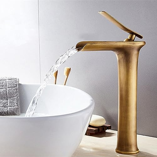 Wasserhahn Bad Hoch Wasserfall Antik Einloch Waschtischarmatur für Bad Antiker Kupfer Armatur Aufsatzwaschbecken