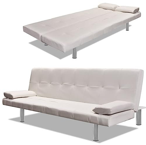Hovothy Schlafsofa mit 2 Kissen Kunstleder Ausziehbar Cremeweiß Schlafsofa Ausziehbar Sofa Bed Sofabett Schlafcouch Ausziehbar Sofa Bettfunktion Wohnzimmer Sofa Kunstleder Sofa Schlafsofa 2 Sitzer