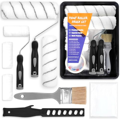 ENCOUN 12PCS Rullo Pittura Kit, Rullo per Pittura Professionale, Rullo Pittura Antigoccia, Vassoio, Nastro Adesivo, Mini Pennelli da Pittura Rullo per Imbiancare Pareti e Soffitti con Pennelli Pittura