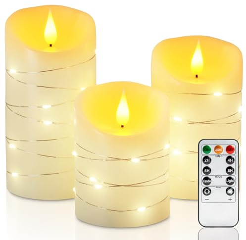 Homemory Echtes Wachs Kerzen mit Lichterkette, 3er-Set | Fernbedienung,Timer, 3D Flammenlose LED Kerzen, 500 std Elektrische Flackerkerzen,dimmbar,Hochzeit, Weihnachten,Wohnen Dekor