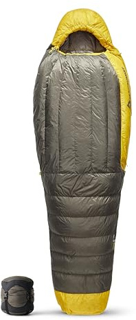 Sea to Summit - Sacco a pelo lungo Spark Ultralight (-1°C) - Sacco a pelo mummia con imbottitura in piuma - Lunghezza corpo - 850+ Loft Ultra-Dry Down - 2 stagioni - Per escursioni - Grigio e giallo