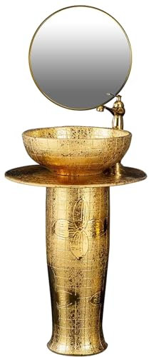 ZTGL Rund Waschbecken mit Säule Keramik Standwaschbecken Waschtisch Säule Badmöbel Modern Freistehendes Waschplatz für Drinnen und Draußen,Sink + Mirror